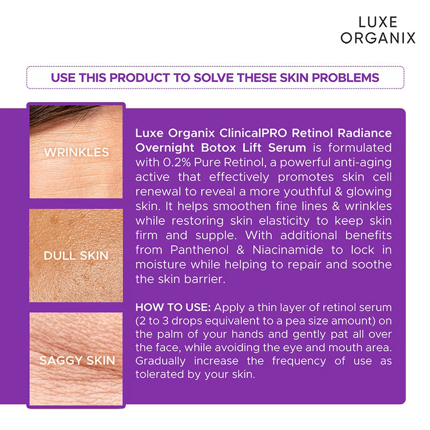 Luxe Organix Retinol Radiance Overnight Botox Lift Serum 30mL