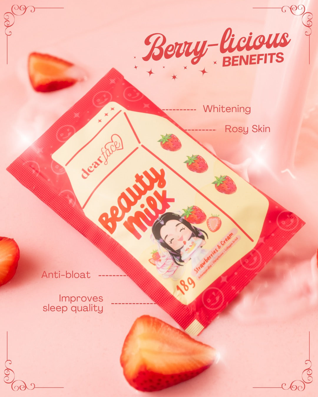 Dear Face Beauty Milk Strawberries & Cream (18g x 10 sachets)