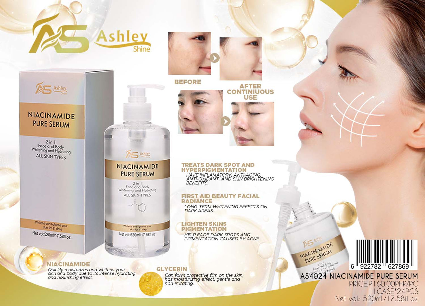 Ashley Shine Niacinamide Pure Serum 2 in 1 Face and Body Whitening and Hydrating 520mL