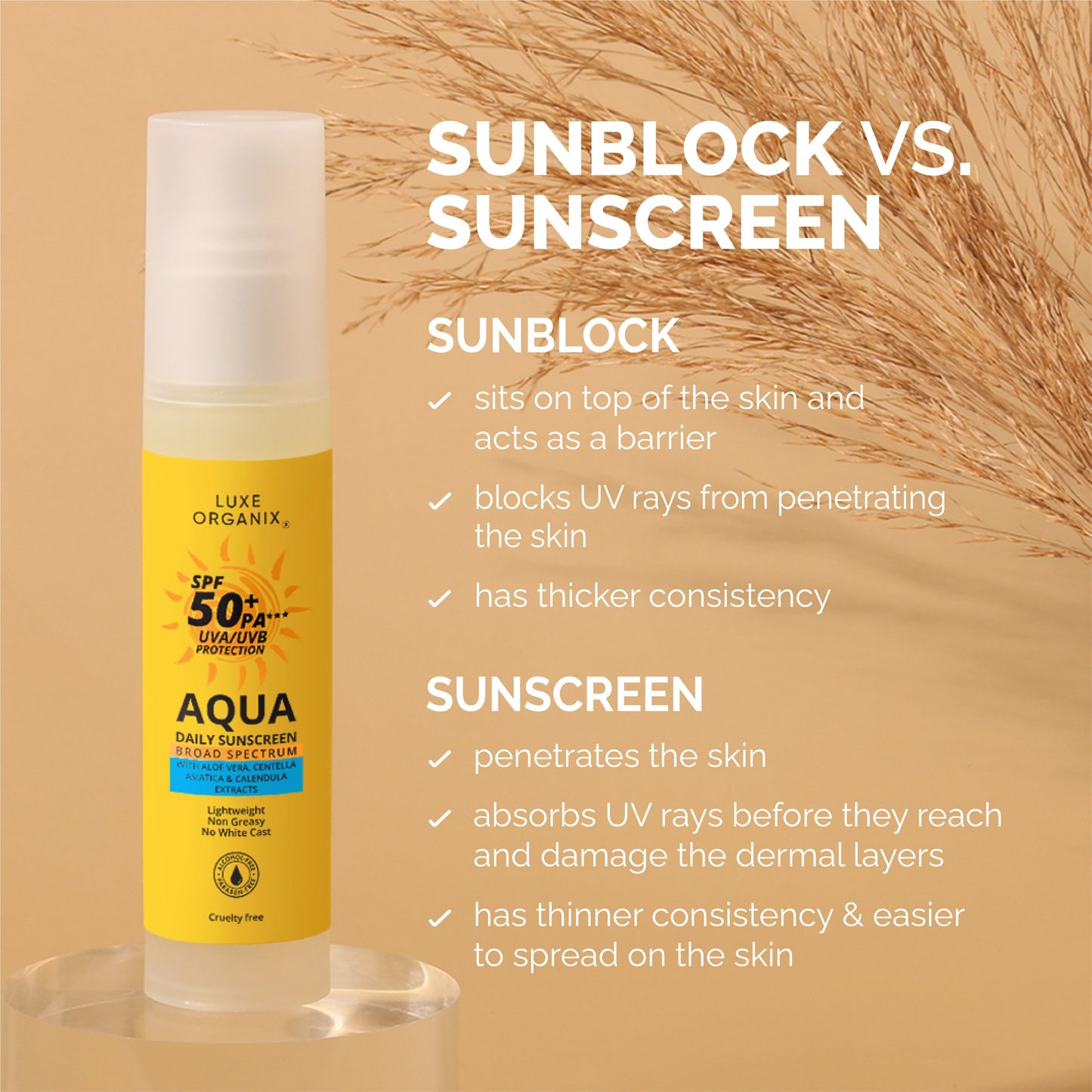 Luxe Organix Aqua Daily Sunscreen SPF50+ PA*** UVA/UVB Protection 50mL