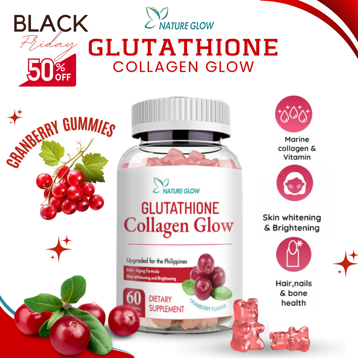 Nature Glow Glutathione Collagen Glow Cranberry Flavor 60 Gummies