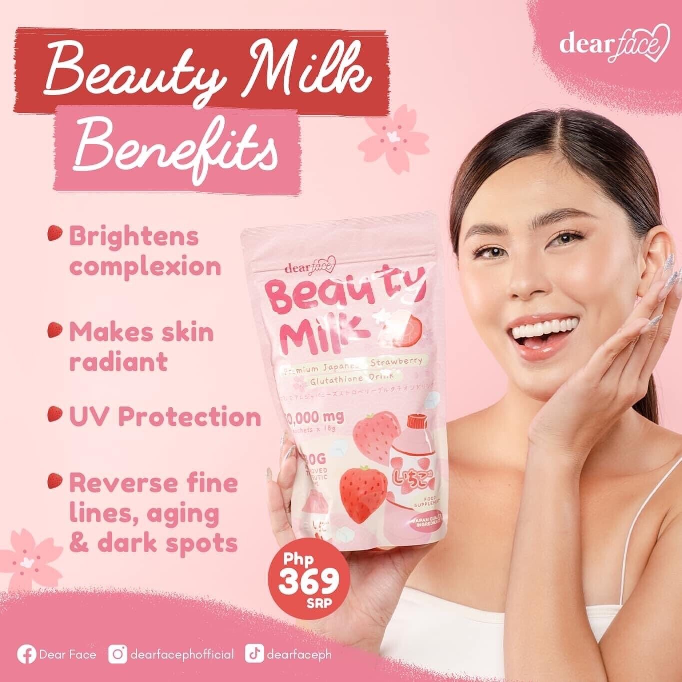 Dear Face Beauty Milk Premium Japanese Strawberry Glutathione Drink (18g x 10 sachets)