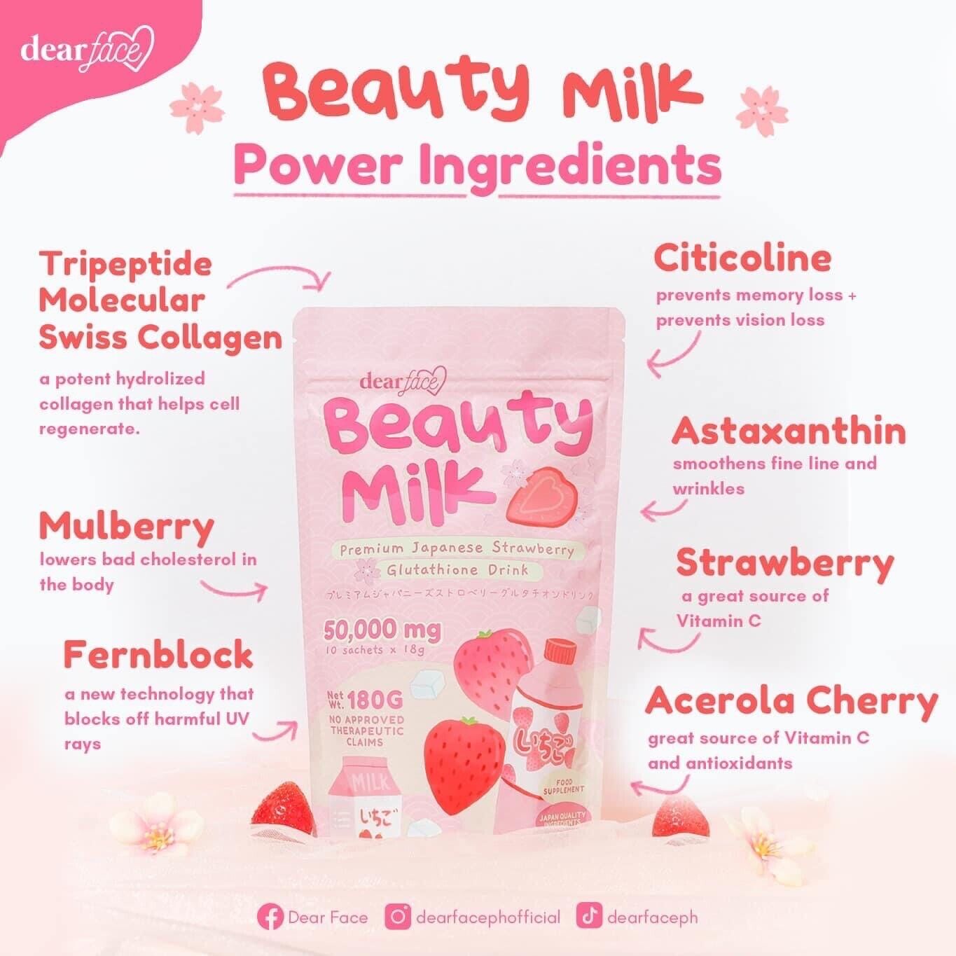 Dear Face Beauty Milk Premium Japanese Strawberry Glutathione Drink (18g x 10 sachets)